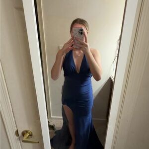 Plunge Halter Navy Prom Gown with High Thigh Slit